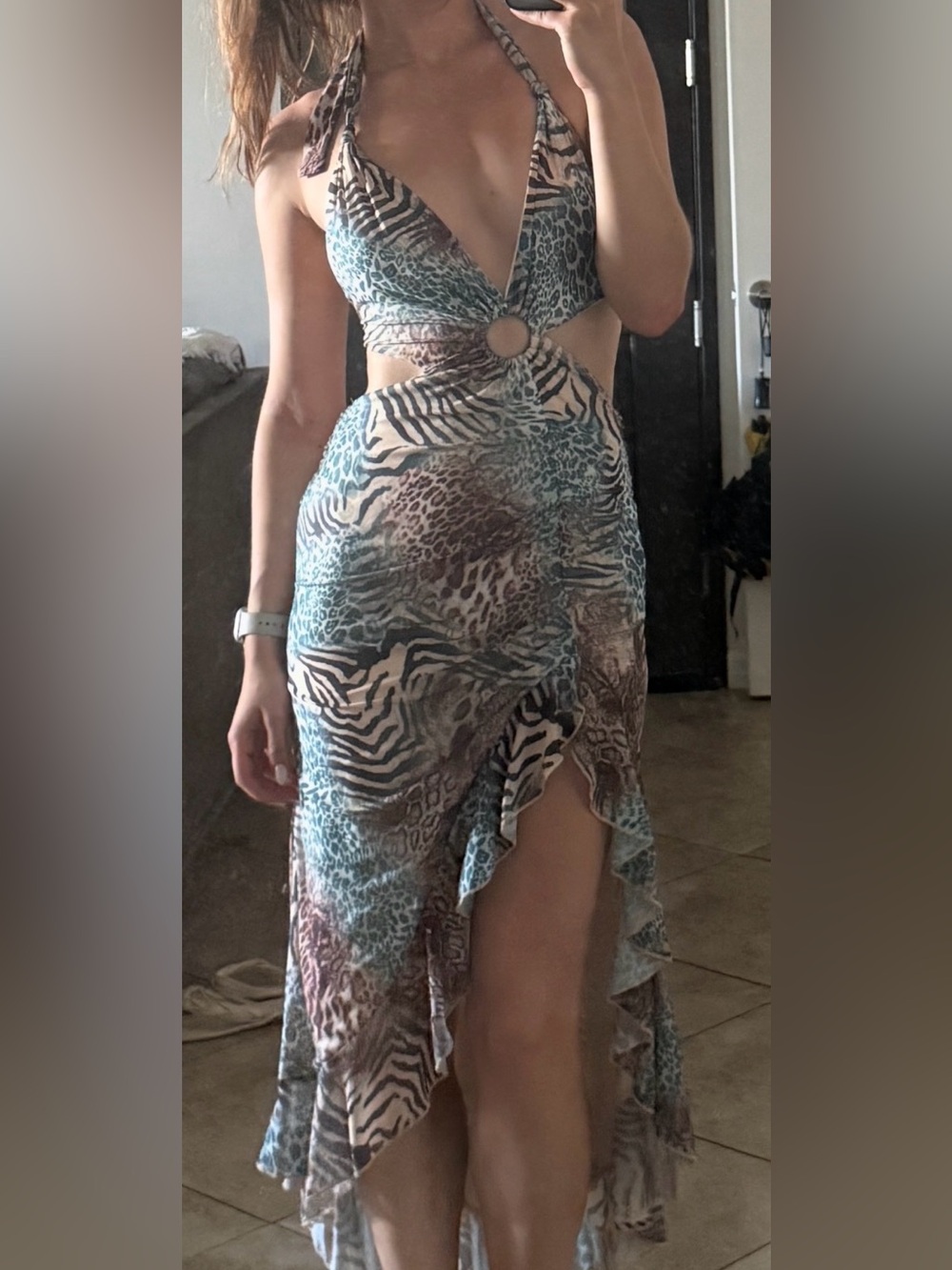 Animal Print Cutout Maxi Dress in Teal and Brown
